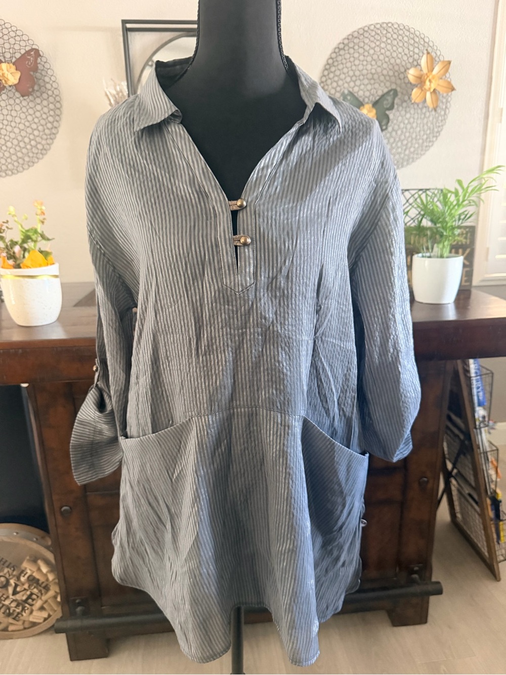Striped Blue Relaxed Tunic with Front Pockets